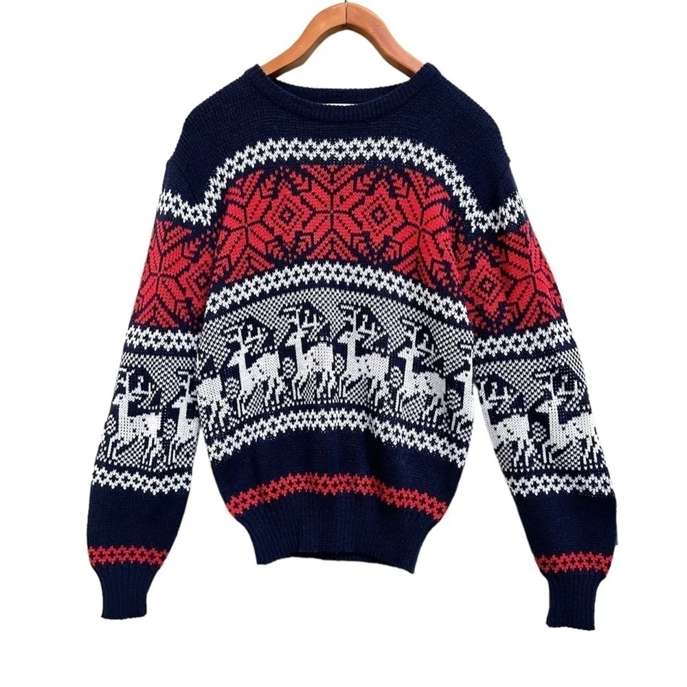 Vintage Fair Isle Nordic Unisex Reindeer Snowflake Christmas Sweater, Size M